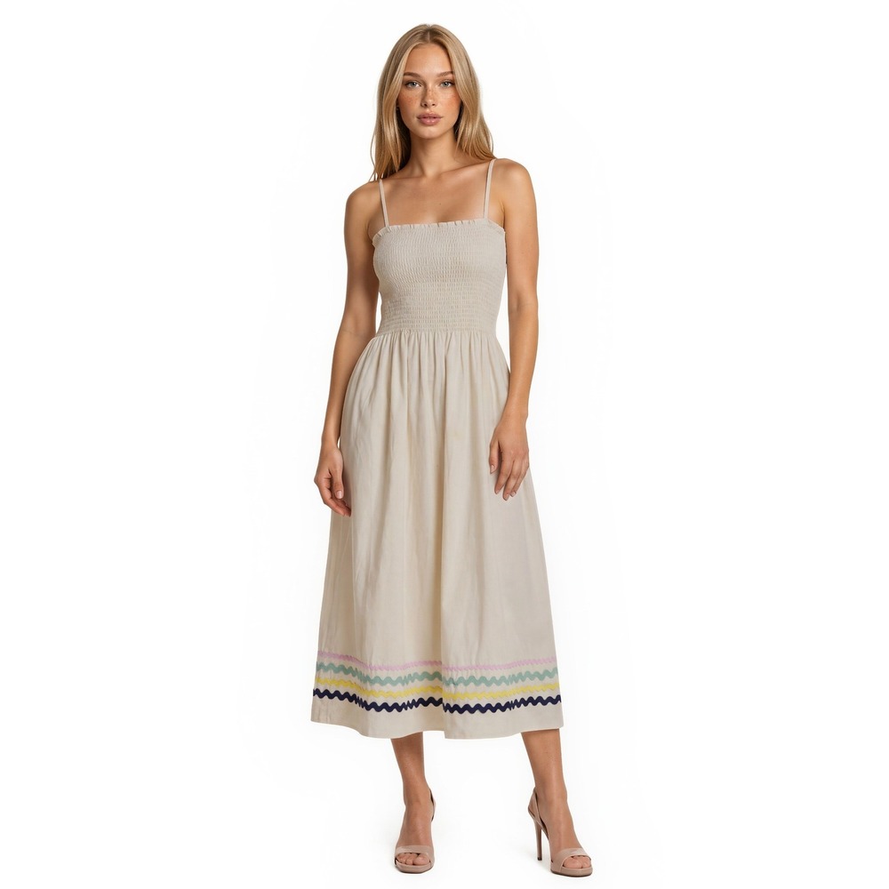 Sail to Sable STS Midi Dress Womens Size Small Cream Smocked Ric Rac 100% Cotton